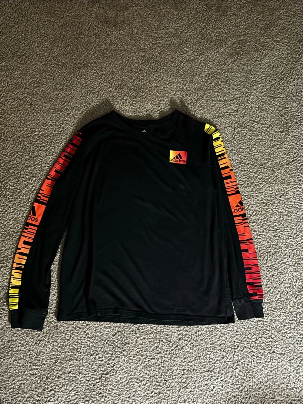 adidas Black Long-Sleeve Shirt with Yellow-Orange-Red Gradient Sleeves